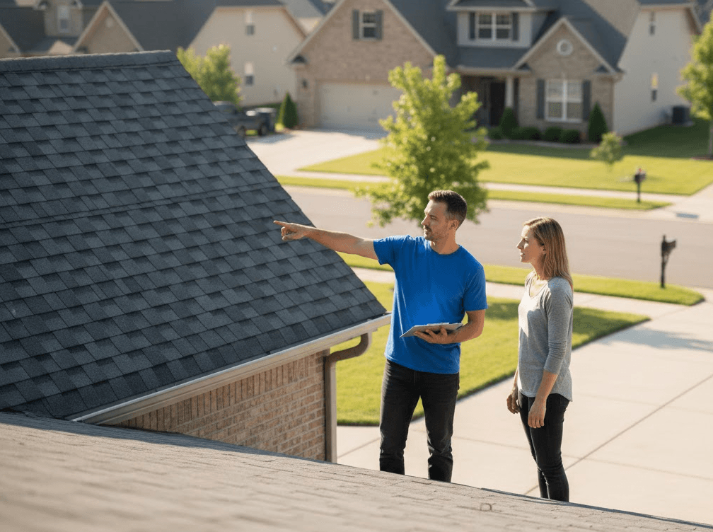 Roofing expert consulting with homeowner