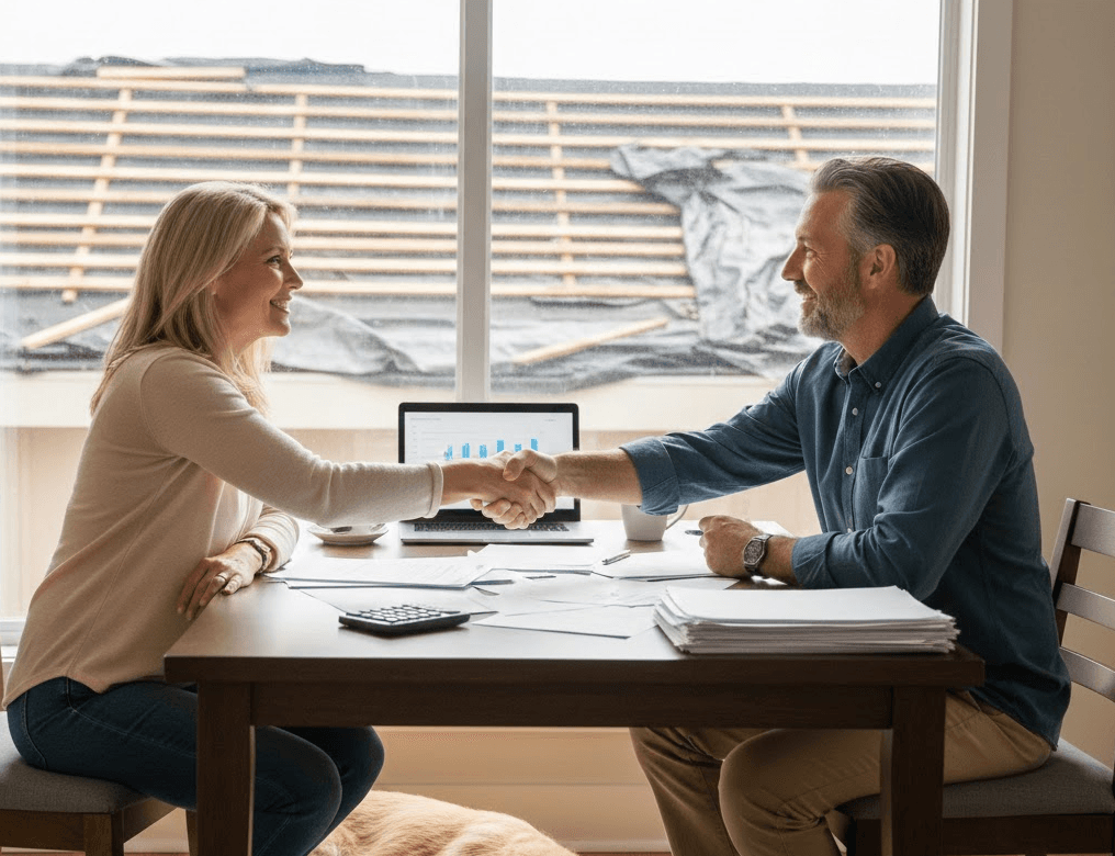 Homeowner and roofing contractor shaking hands after agreeing on a financing plan